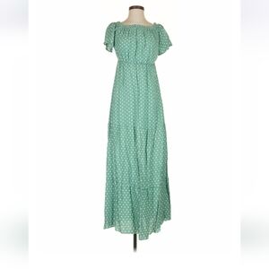 Green Polka Dot Maxi Dress with Off-Shoulder Neckline